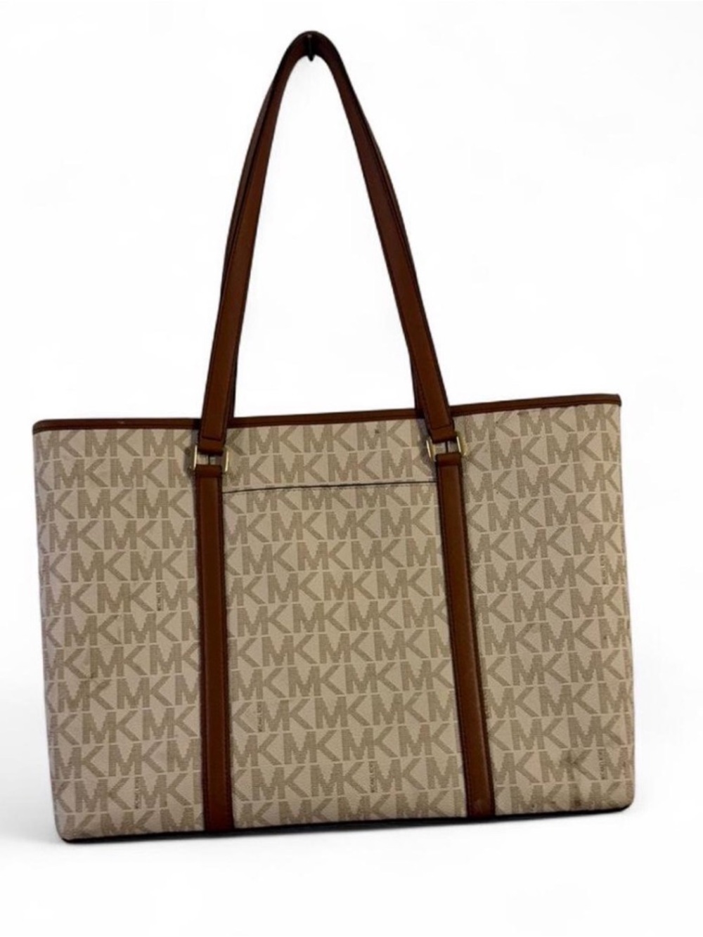 Michael Kors Beige Logo Canvas Tote with Brown Trim - Picture 2 of 6